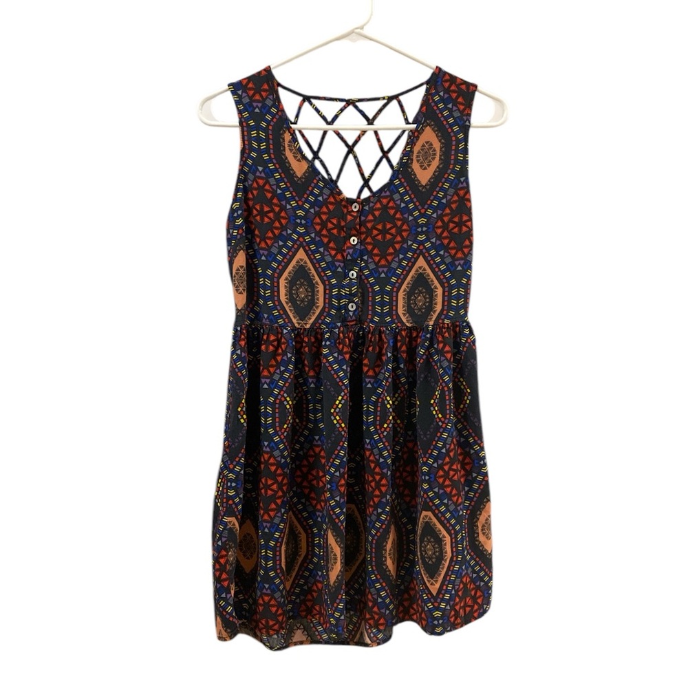 Forever 21 Women’s Multicolor Geometric Print Sundress Size S Lattice Back Boho - Picture 2 of 14